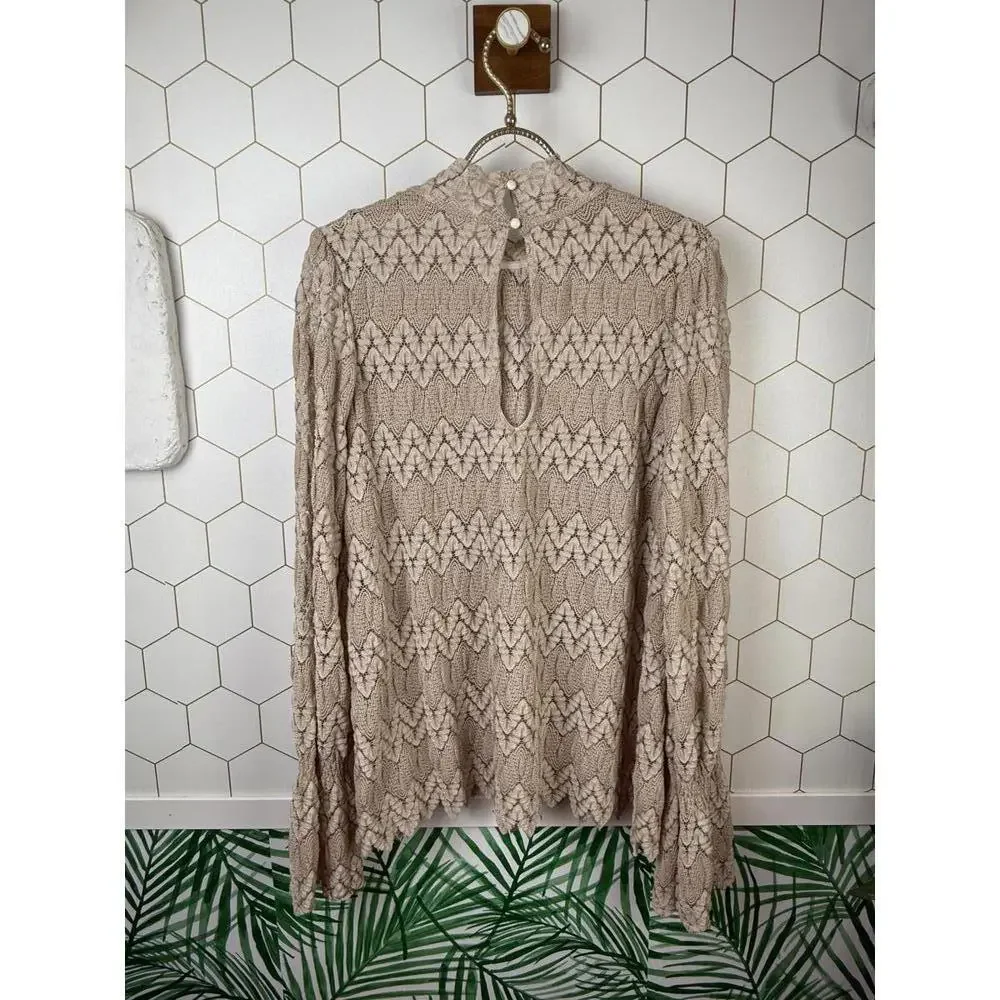 Free People Tan Lace Long Sleeve Tunic Top - Size - Medium